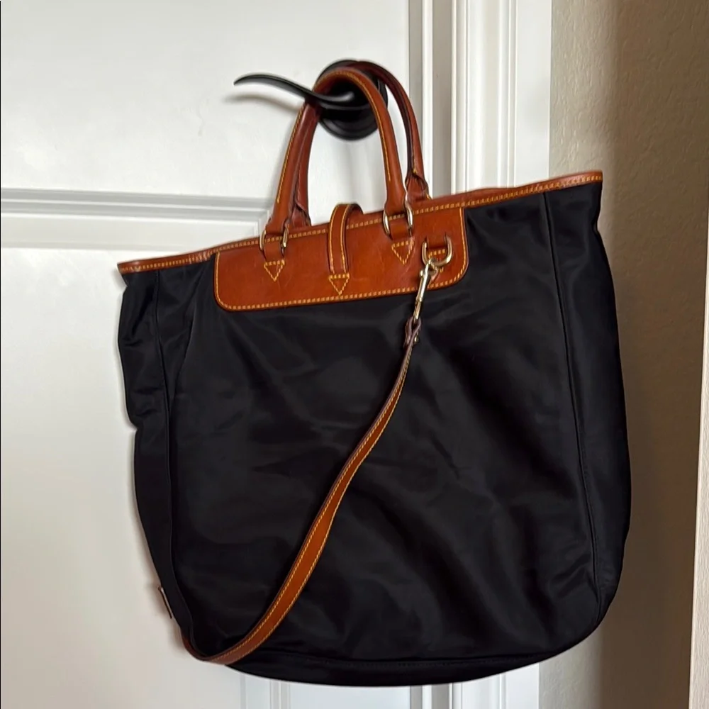 Dooney & Bourke Black Nylon Tote with Brown Leather Trim and Strap
